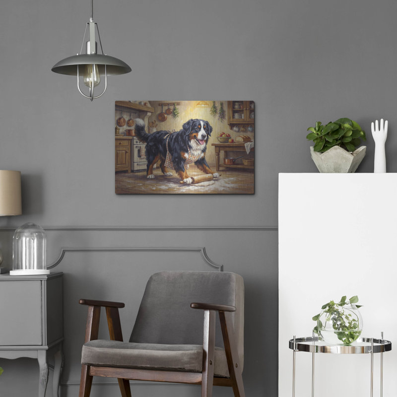  «Bernes Mountain Dog In The Kitchen» par Rich Monet, art mural en métal, 24 po x 16 po