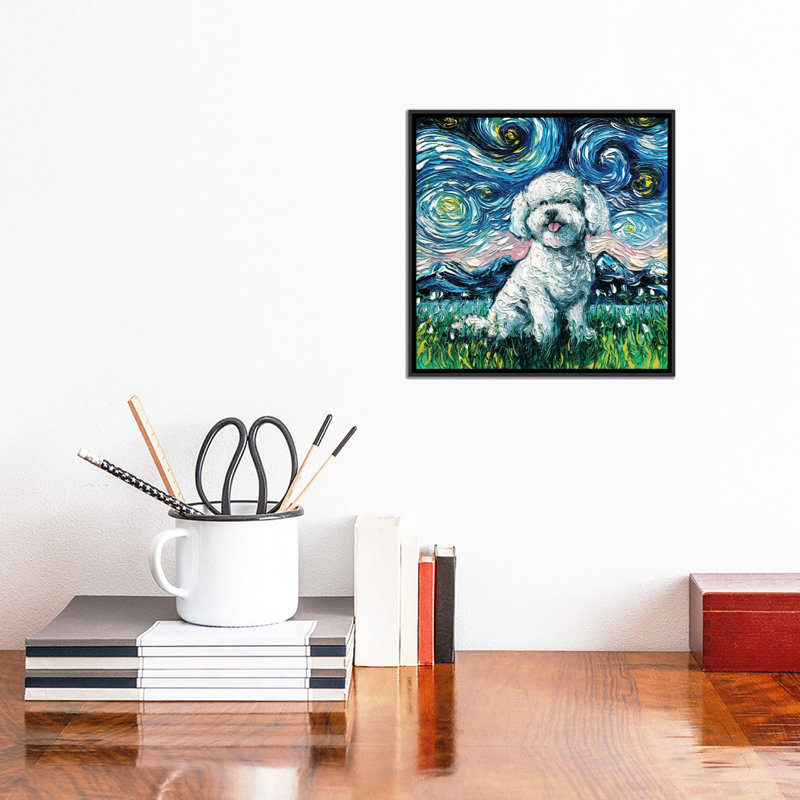 Reproduction d’art, "Bichon frisé Night" par aja Trèves, Pas de tapis, H 12 po x l 12 po x P 1,5 po, Toile avec cadre noir