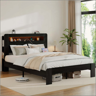 Cadre de lit, cadre de lit plateforme en bois avec tête de lit à DEL avec rangement et 2 ports USB, silencieux, aucun sommier nécessaire et outil d'assemblage facile, grand rangement sous le lit