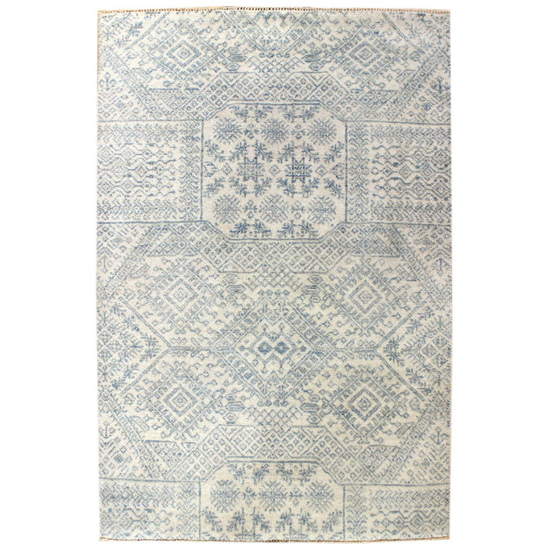 Tapis ivoire moderne en laine et coton tissé à la main à faible contraste Modern