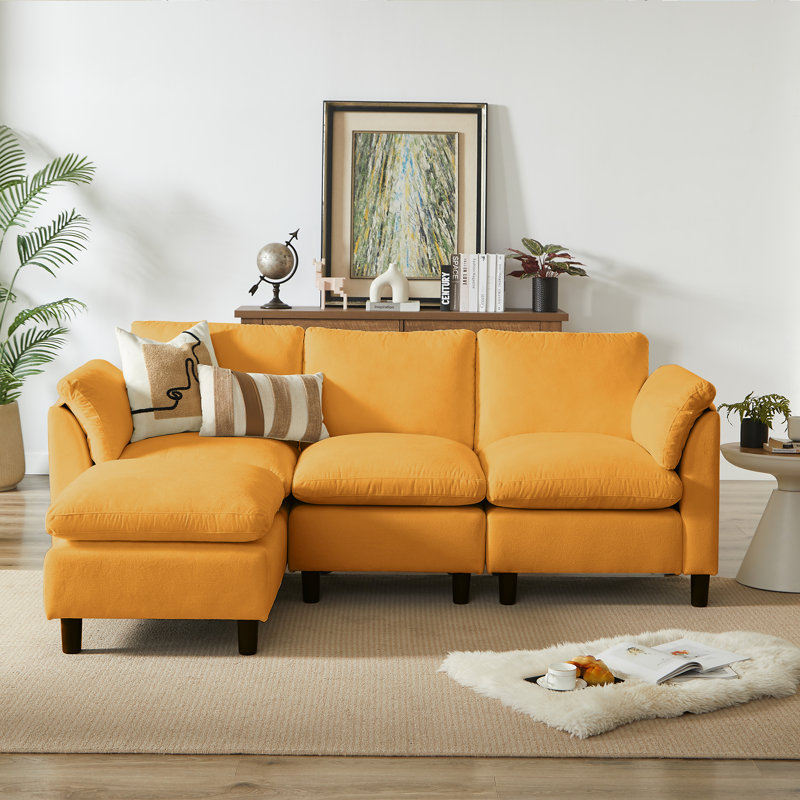 Canapé modulaire rembourré moderne en L en chenille pour salon, canapé 3 places avec repose-pieds orange, Jaune