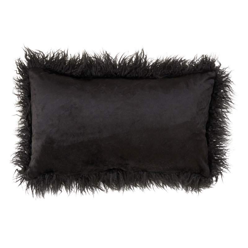  Rectangular Faux Fur Pillow Cover & Insert, Black, 12"H x 20"W