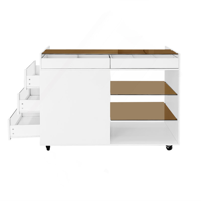 Commode de meuble-lavabo pour îlot de cuisine 43,3 po avec 3 tiroirs latéraux, un espace de rangement réversible et deux tablettes en verre, blanc