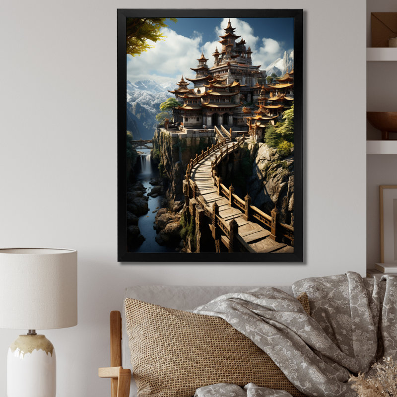 Art asiatique, monastère tibétain II - Impression sur toile asiatique, H 20 po x l 12 po x P 1 po, Cadre photo noir