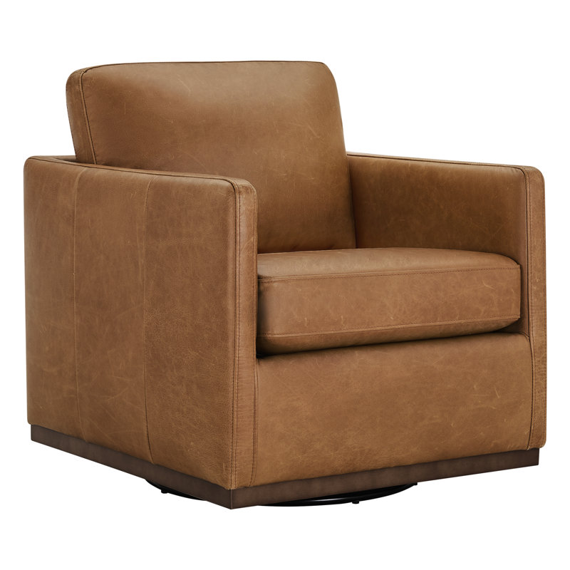 Fauteuil pivotant rembourré en cuir véritable Bobbi, Cuir véritable brun de Marseille