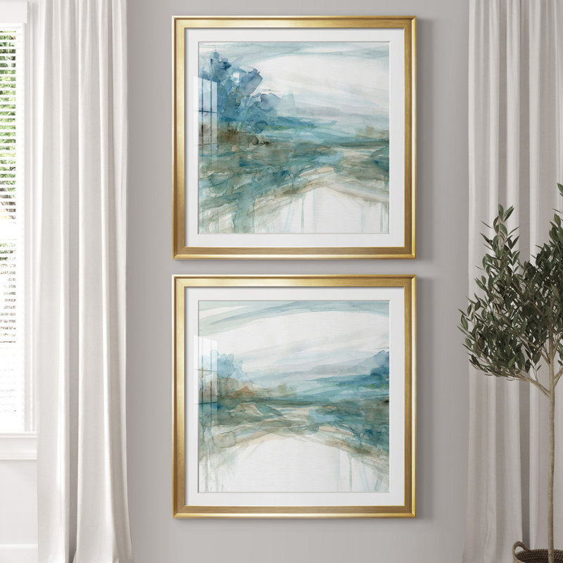 Shimmering Treeline I - ensemble de 2 reproductions d'art, Blanc, Toile encadrée dorée, H 30,5 po x l 61 po x P 1,5 po