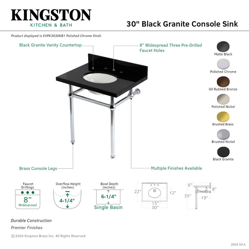 Kingston Brass Templeton 30-Inch Black Granite Console Sink with Brass Legs (8-Inch, 3-Hole), Nickel
