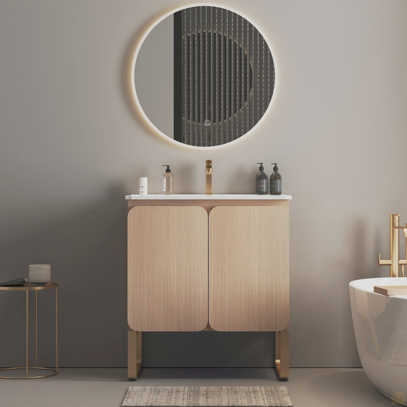 Meuble-lavabo mural autoportant de 30 po en bois clair avec lavabo en céramique, grand meuble de rangement 2 portes et support en métal