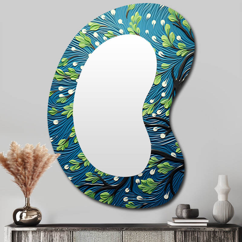 Danse de l'arbre vert et bleu - miroir mural de forme unique verte, miroir décoratif asymétrique traditionnel, impression d'art en métal