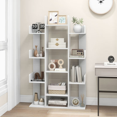 Ebern Designs 1 Pcs Bookshelf Tree-shaped Bookcase With 13 Storage Shelf Rustic Industrial Style White
