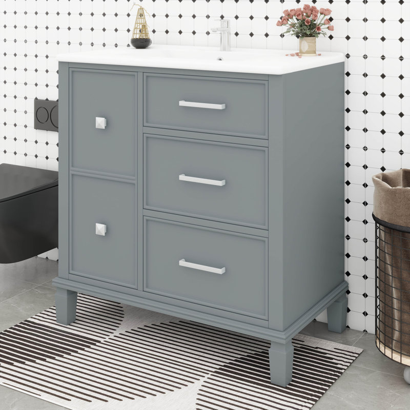 Meuble-lavabo de 30 po avec lavabo en céramique, meuble-lavabo moderne avec tiroir escamotable, Gris