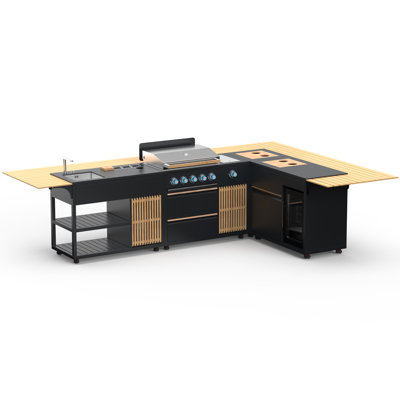 Cuisine d'extérieur modulaire en L en teck VESTIVium, 4 pièces - 5 brûleurs SS304, station d'évier et réfrigérateur à boissons