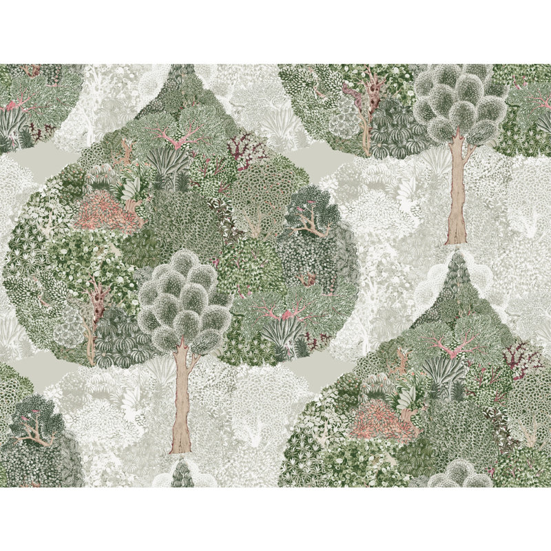 Papier peint forêt mystique, Vert / corail