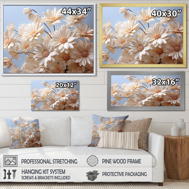 Marguerite blanche en fleurs, élégance 8 sur toile, Cadre flottant blanc, H 40 po x l 30 po