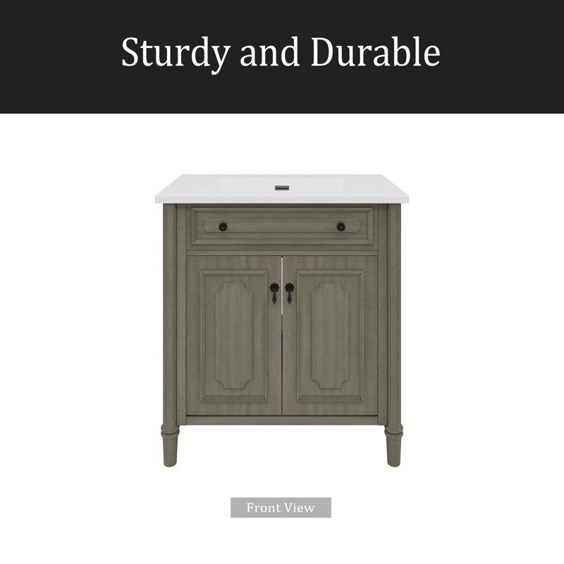 Meuble-lavabo vintage 31 po avec lavabo, armoire de salle de bain rustique avec portes à fermeture en douceur et tablette réglable, conception à profil courbé, pieds en bois d'hévéa