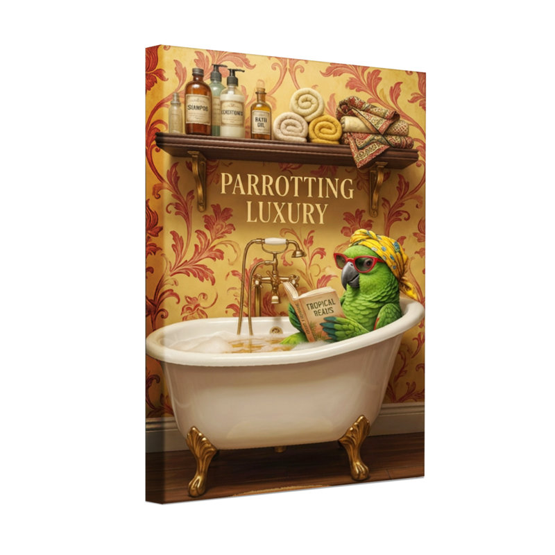Perroquet dans une baignoire avec lecture tropicale - Toile tendue - Ensemble de 1, H 18 po x l 12 po