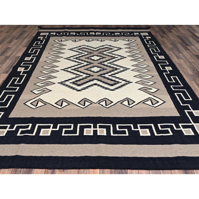 Tapis oriental brun kaki 9 pi x 12 pi 2 po, motif géométrique tissé à la main, tissé à la main, 100% laine