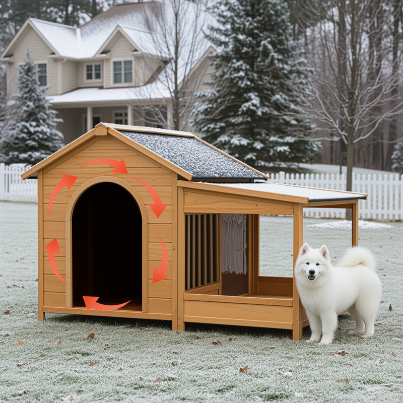 Niche pour chien en bois massif avec toit en asphalte et plancher surélevé, Marron clair