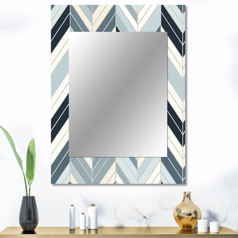 Shayleen Grey And White Herringbone Chevron Pattern - chevron  Unique Wall Mirror, Chevron Mirror, Printed Metal Art