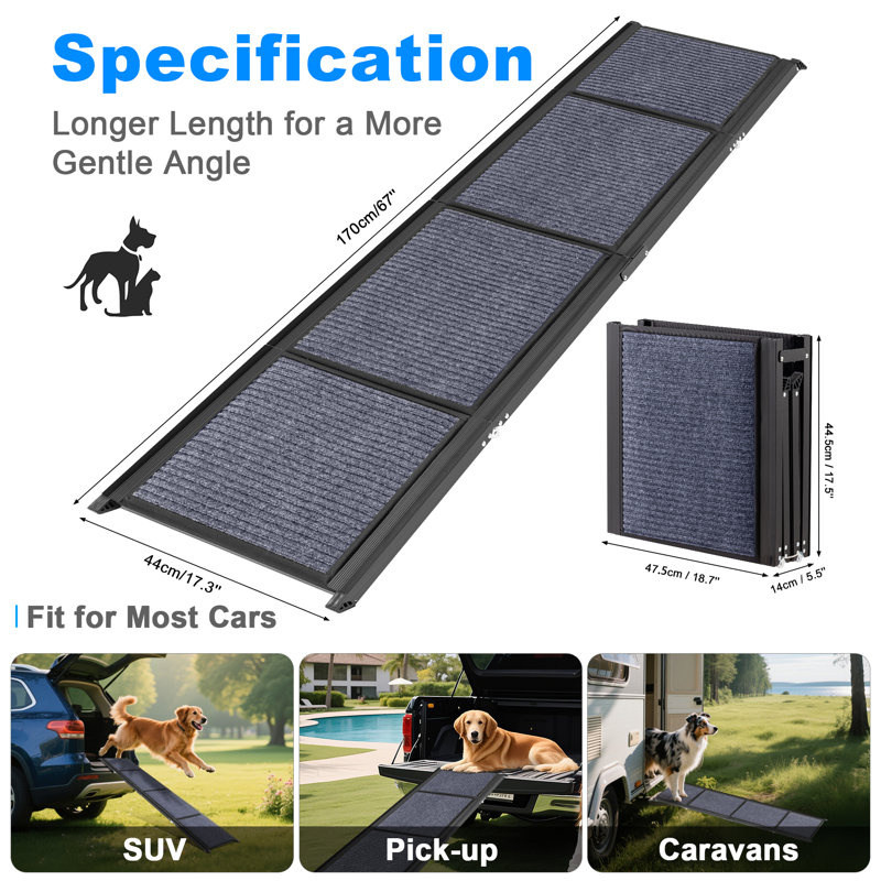 Rampe pliante pour chien en aluminium avec surface antidérapante, H 5,5 po x l 67 po x P 17,3 po