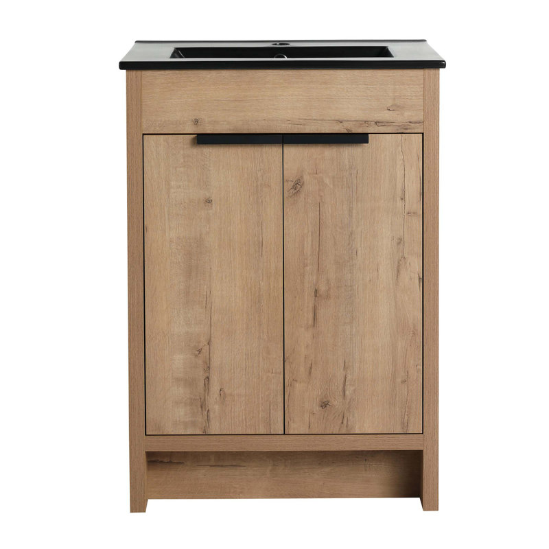 Meuble-lavabo autoportant de 24 po avec lavabo en céramique et 2 portes d'armoire à fermeture en douceur, Noir, 24"