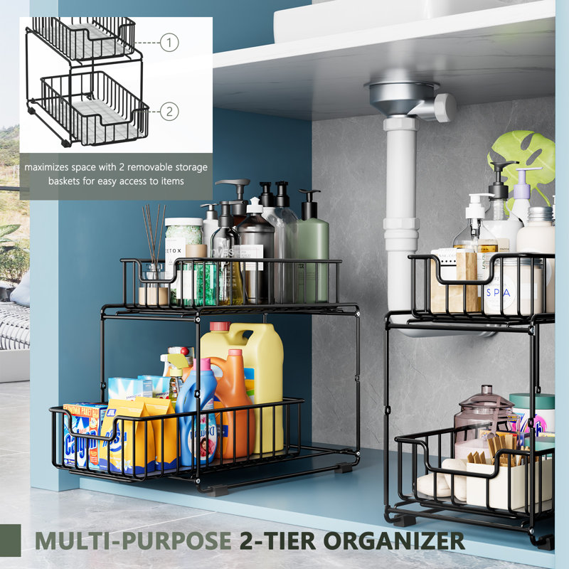 Tiroir coulissant pour garde-manger à 2 niveaux pour garde-manger, cuisine, noir, Noir