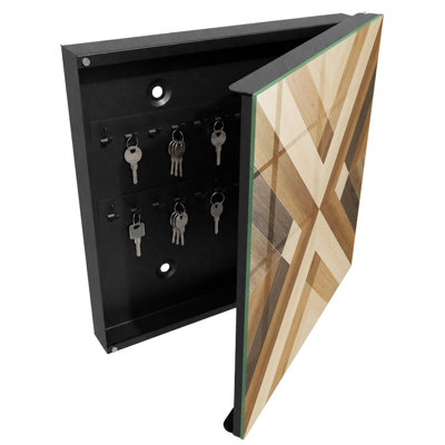 Key box for home, Opens to the left, 30x30x5, Black, Geometric pattern in shades of brown and beige, 