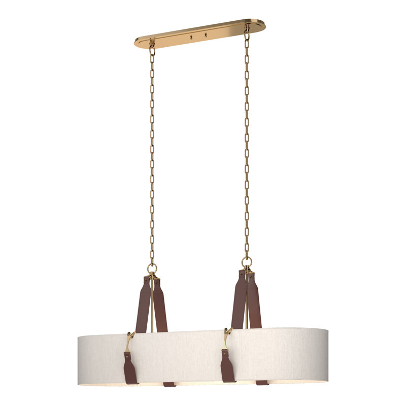 Saratoga 4 - Light Kitchen Island Linear Pendant, British Brown Leather, Antique Brass, Flax Shade