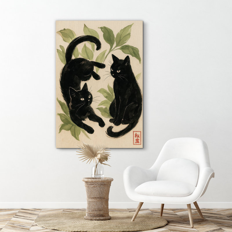 «Playful Black Cats with Green Leaves», reproduction d'art sur toile encadrée, H 36 po x l 24 po x P 1,5 po, Toile tendue