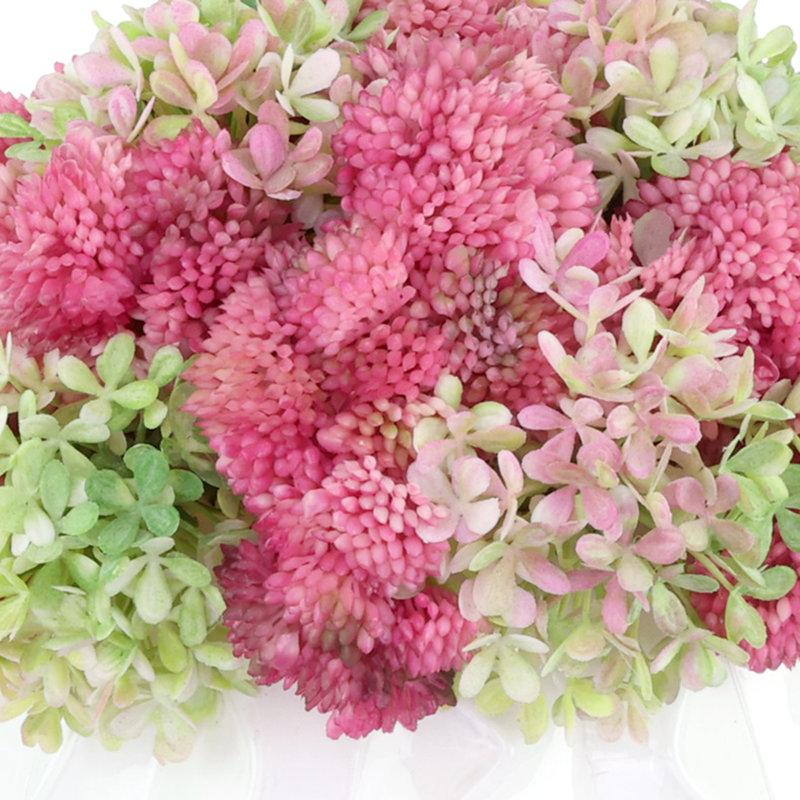 Sedum and Snowball Hydrangea Arranged in a Wavy Glass Vase