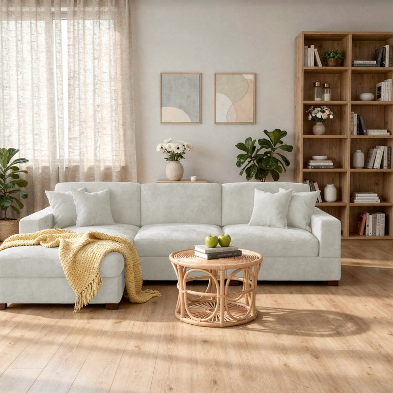 3 - Piece Upholstered Offwhite Chenille Modular Sectional Sofa with Armrests & Throw Pillows, Left Hand Facing