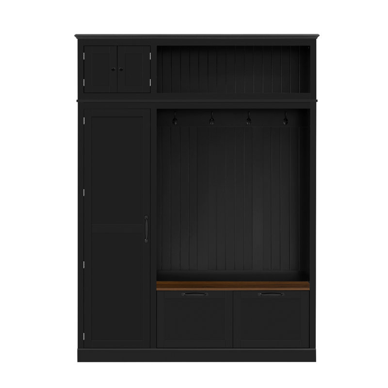 3-In-1 Hall Tree With Overhead Storage Cabinet, 3 Adjustable Side Shelves, 4 Heavy-Duty Hooks, 2 Spacious Drawers, Grooved Back Panel Design, Contrasting Seat Bench, Multifunctional Entryway Organizer