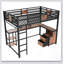 Lit mezzanine double avec bureau et rangement, structure en métal avec échelles, silencieux et sans sommier nécessaire