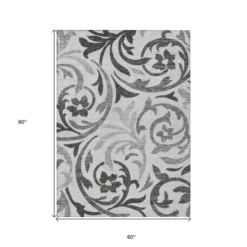 Tapis extérieur lavable floral gris anthracite et argent 5 pi x 8 pi