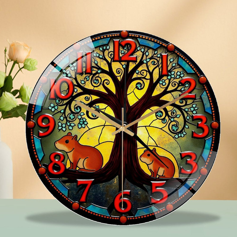 Stained Glass Wall Clock Featuring Tree And Animals Art - 12'' Modern Glass Wall Clock