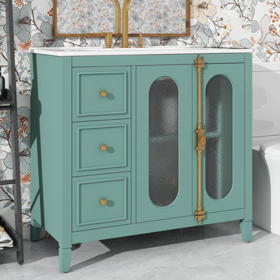 Meuble-lavabo de 36 po avec lavabo en céramique, armoire de rangement de salle de bain avec 3 tiroirs, 2 portes et 2 tablettes latérales ouvertes