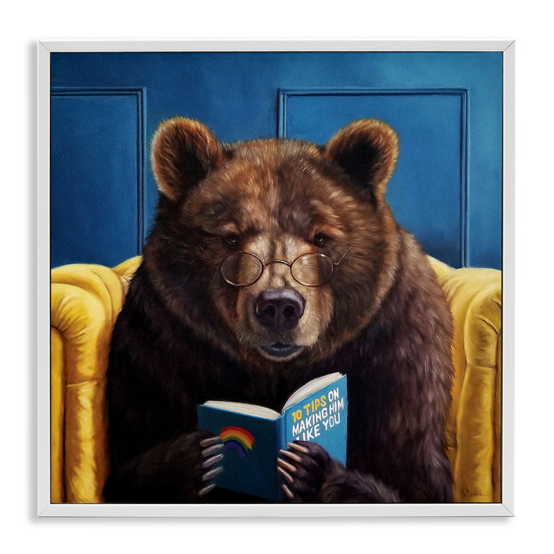 Ours brun lisant un livre sur un animal de la forêt, H 12 po x l 12 po, Giclée encadrée blanc bord de mer