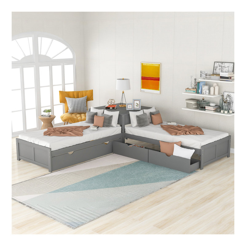 Lit plateforme en L avec lit gigogne et tiroirs reliés par un bureau intégré, simple, gris, Gris