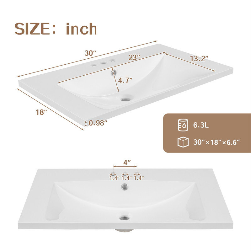 30'' Ceramic Single Bathroom Vanity Top with Sink