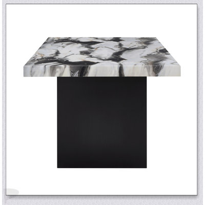 1Pc Rectangular Dining Table With Striking Faux Marble Top And Sleek Black-Finished Legs, Perfect For Contemporary Modern Dining Rooms