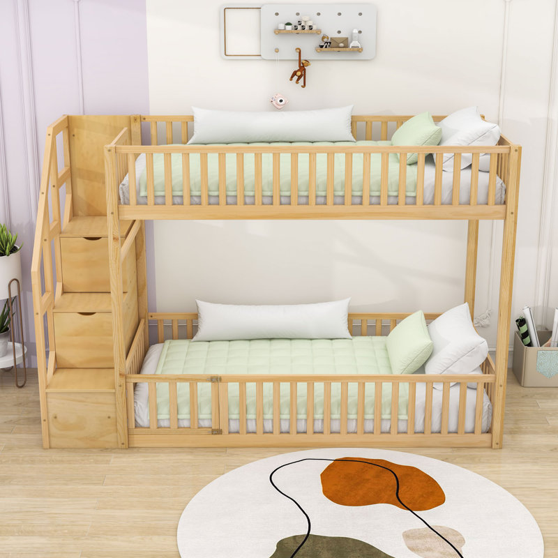 Twin Over Twin Wood Bunk Bed With Guardrails And Stairs, Natural