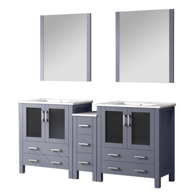 Dark Grey 72 In. W Double Bath Vanity, White Ceramic Top, Mirrors Included, Soft - Closing Drawer Option, Stain Vanity Top Close Mechanism, Scratch Surface