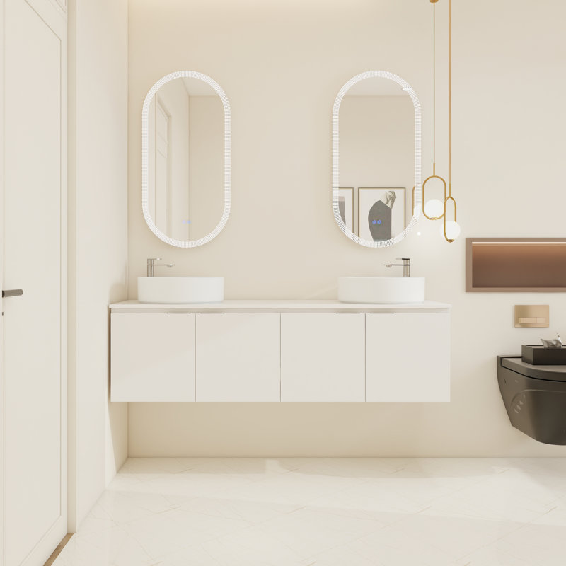 60" Bathroom Vanity with Sink, 60 Inch Floating Vanity, Double Sink Wall Mounted Vanity Combo, Modern White Bathroom Vanity Set with 4 Doors and Ceramic Basin Sink