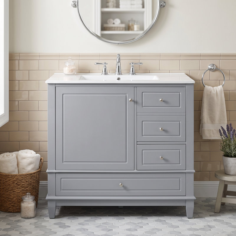 Meuble-lavabo sur pied 36 po en bois massif et panneau de fibres à densité moyenne gris avec lavabo et rangement en céramique
