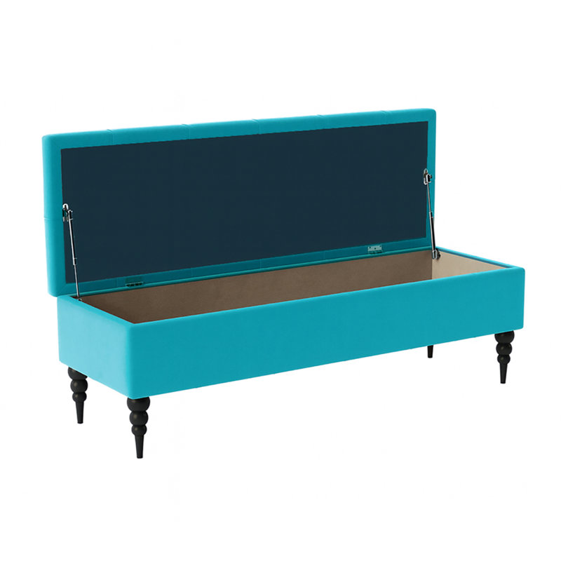 Safar Wide Tufted Rectangle Ottoman Storage Bench – Upholstery Plush Velvet Shoe Bench with Black Turned Wooden Legs, Teal