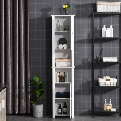 Armoire de rangement haute pour salle de bain, tour à linge autoportante avec tablette à 2 niveaux, organisateur de plancher étroit