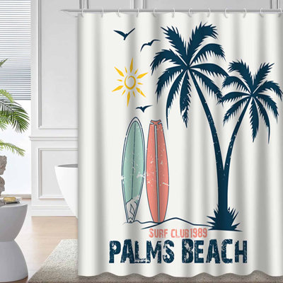 Surfing Adventure Tropical Ocean Graphic Shower Curtain with 12 Hooks