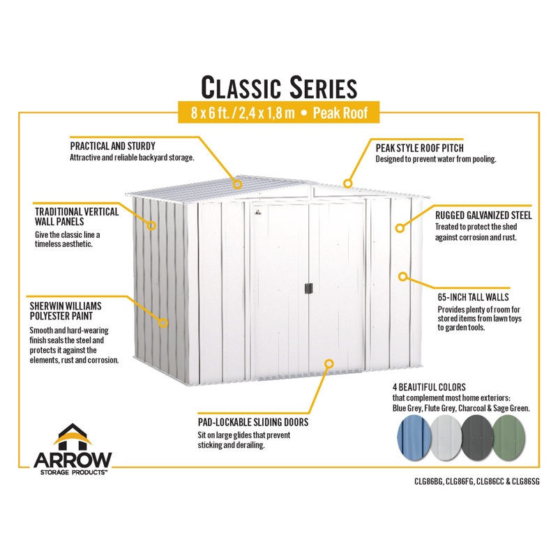 Arrow 8' x 6' Flute Grey Steel Storage Shed
