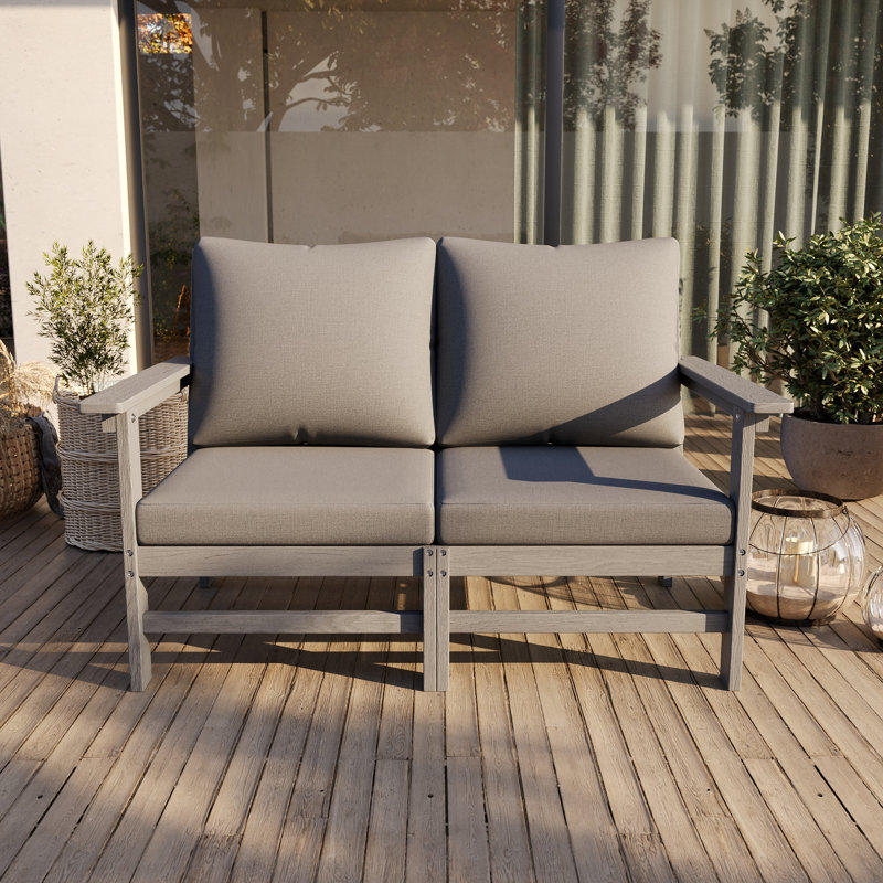 Outdoor 47" HDPE Modular Modern Loveseat With 5" Thick Cushions & Natural Wood Texture, Gray, Gray