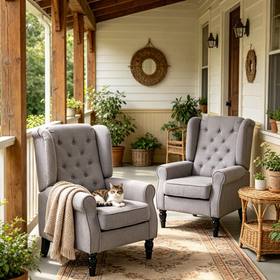 Set of 2 Button Tufted Accent Chair with High Wingback,  Armrests & Thick Padded Seat – Solid Eucalyptus Wood Frame, Breathable Fabric Diamond Tufting, S-Spring + Elastic Band Comfort,for Living Room, Bedroom, Office